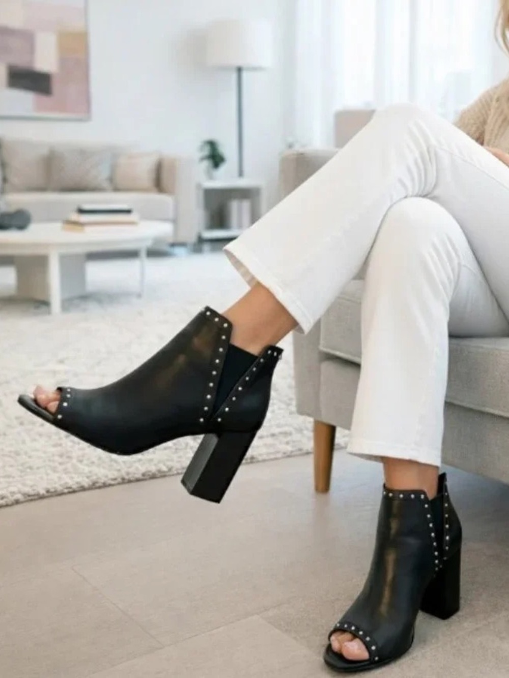 Tommy Hilfiger Black Leather Studded Open Toe Block Heel Ankle Boots